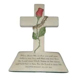 Decorative Cross with Red Rose Accent Deuteronomy Bible Quote 30:19-20
